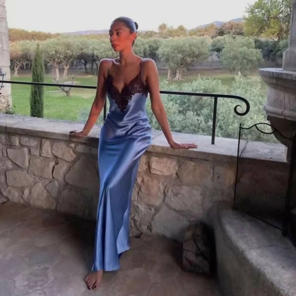 SIR the label Blue Satin Slip Dress with Brown Lace Trim - Picture 3 of 12